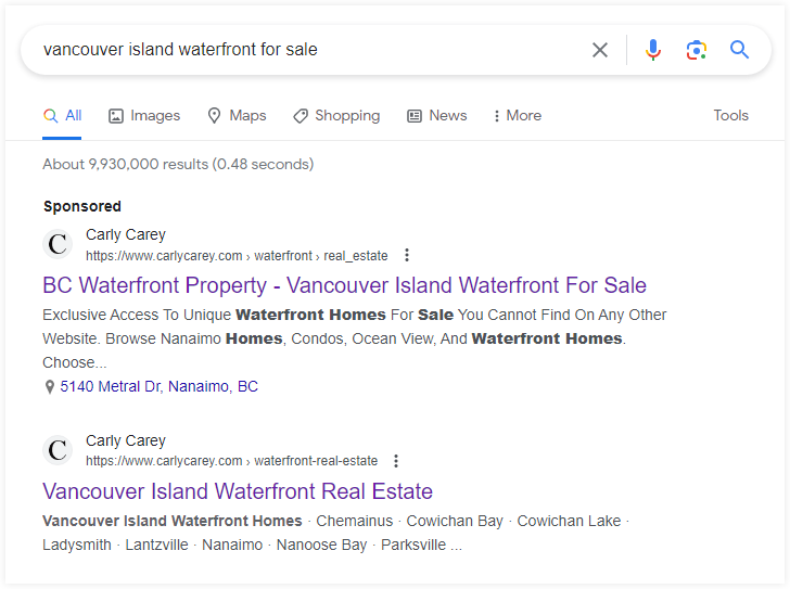 A Google search of local real estate for Vancouver Island Waterfront properties