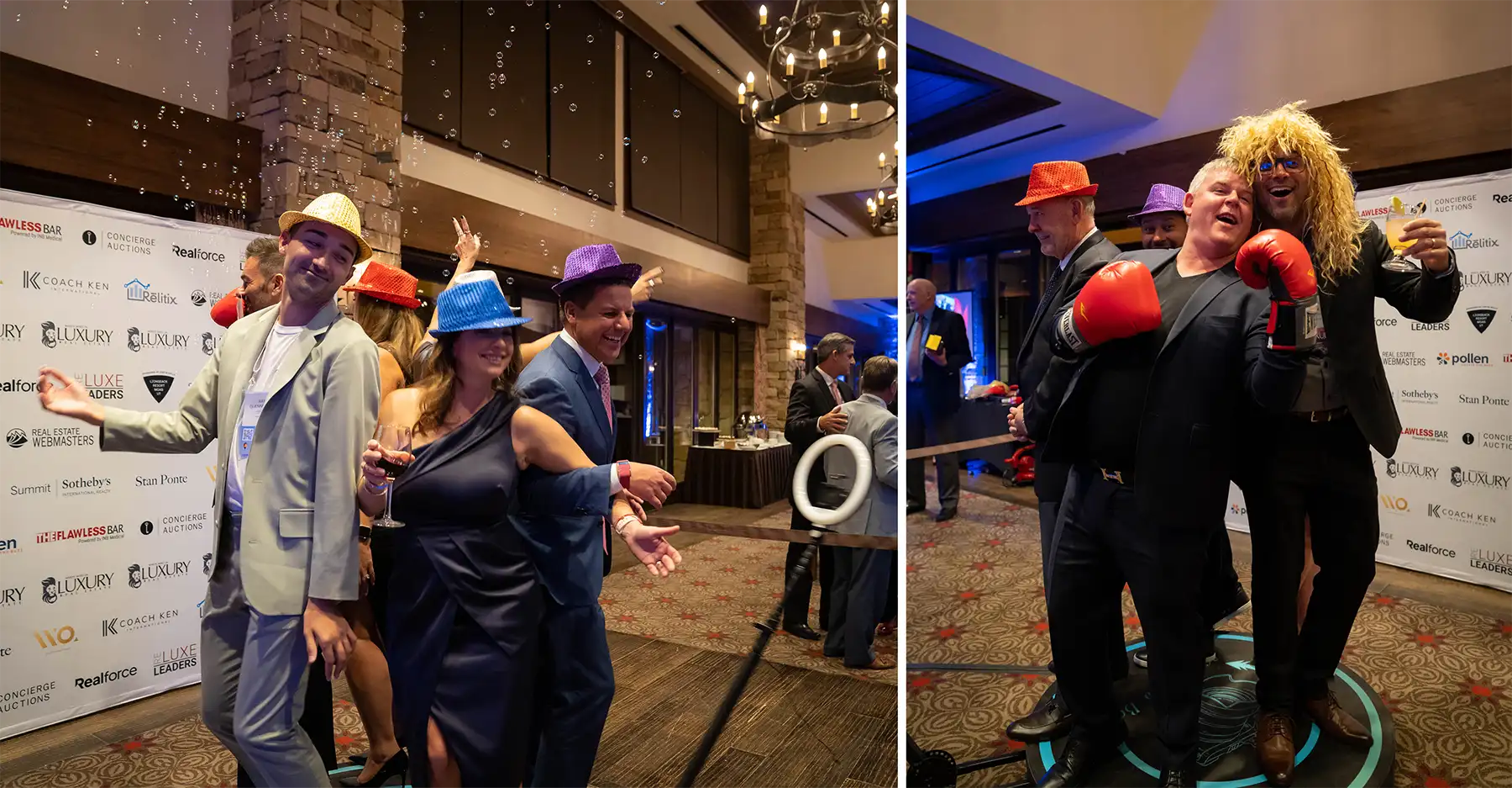 Attendees posing in the 360-degree photo booth sponsored by Real Estate Webmasters.