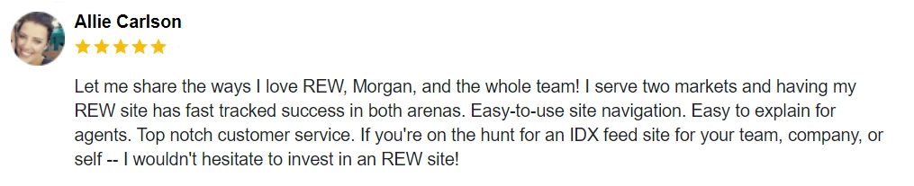 Allie Carlson's 5-star review for Real Estate Webmasters