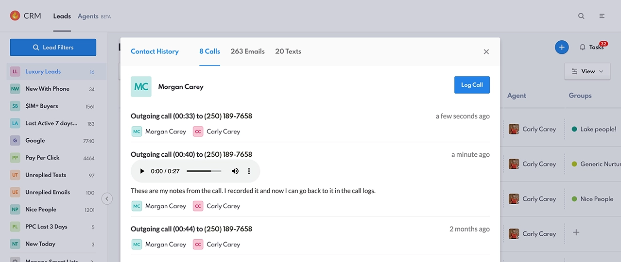 Screenshot of lead dialer call logs in real estate CRM