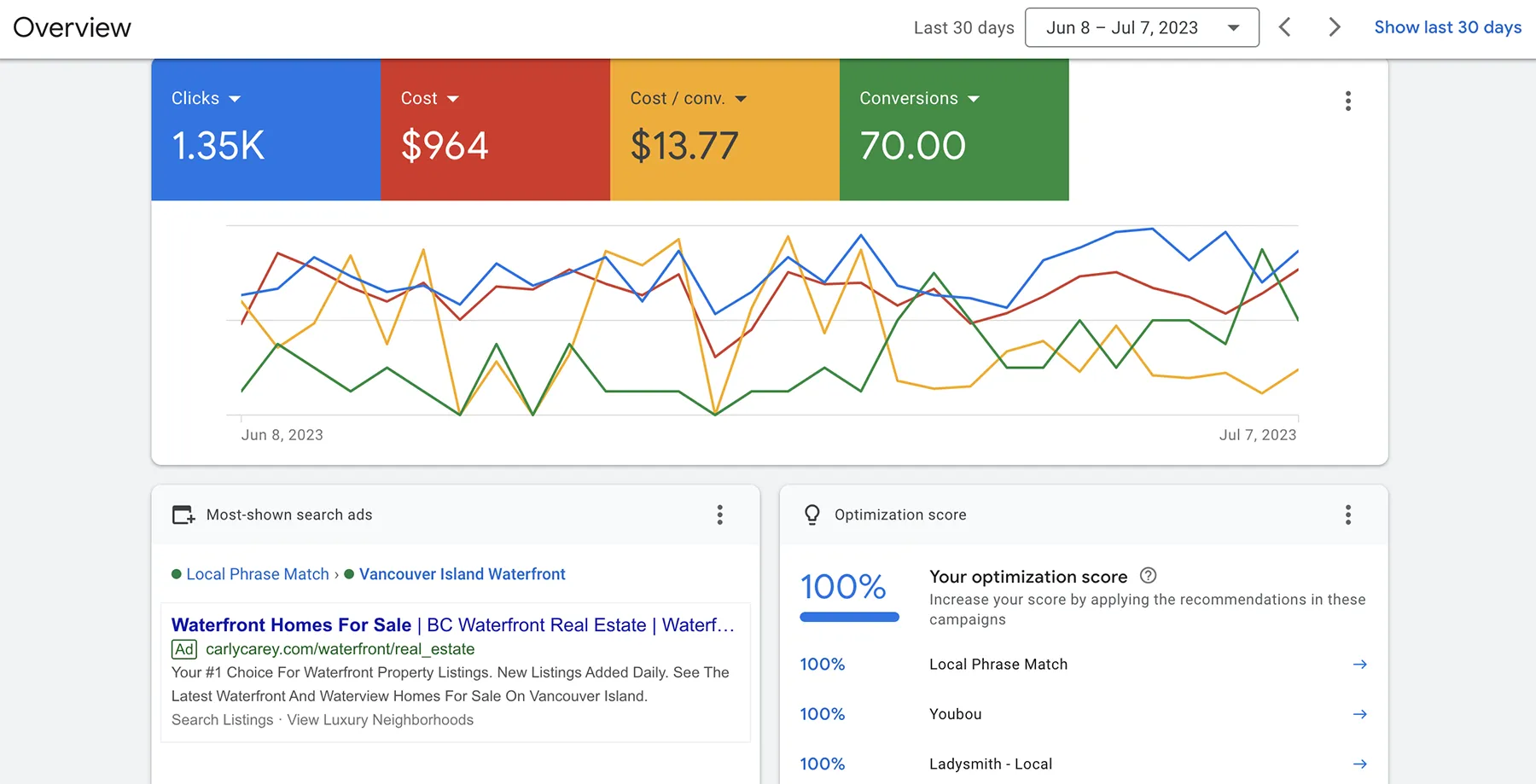 Carly Carey's website showcasing an example of a Google Ad's performance dashboard.