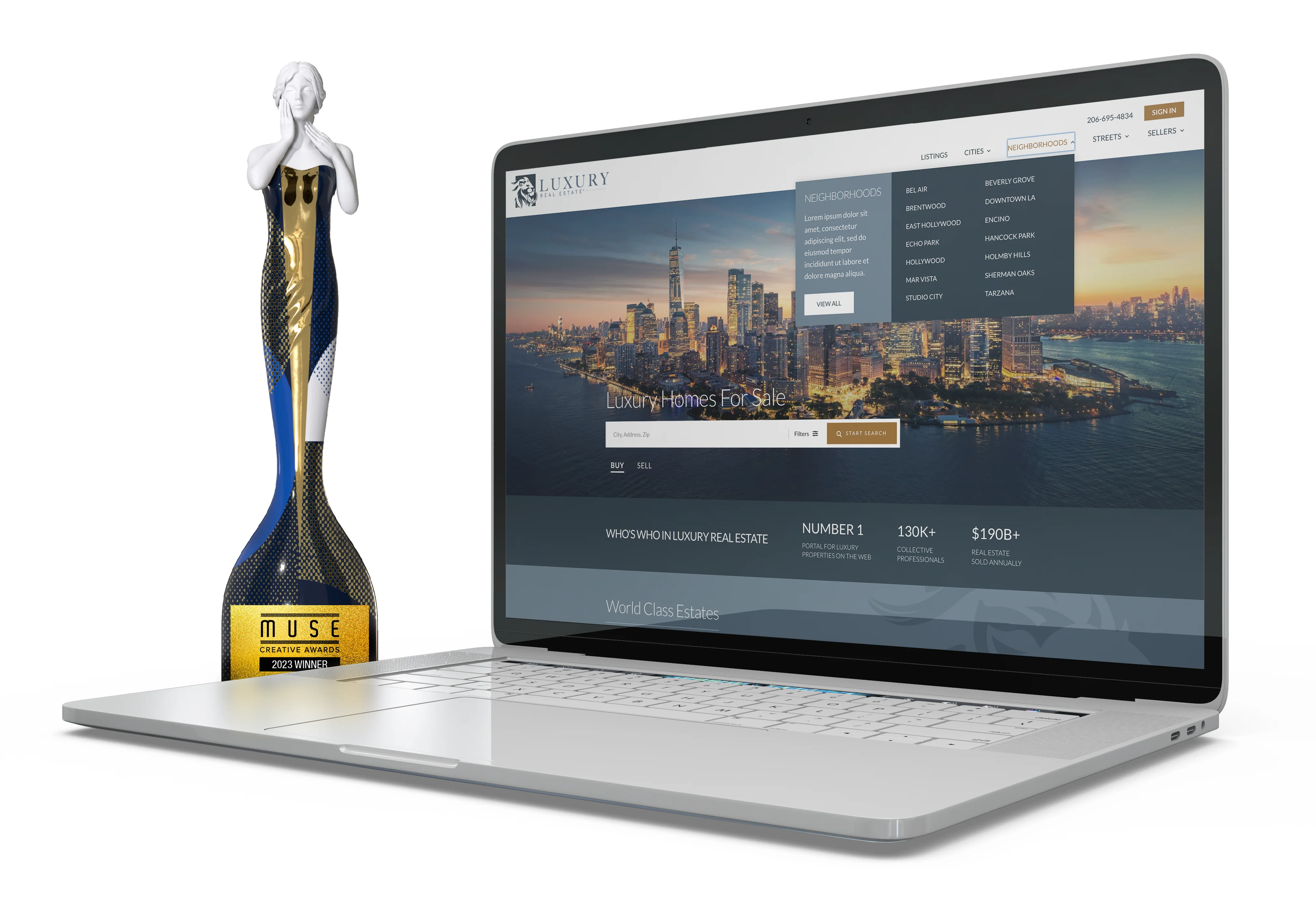 Image of a laptop with the REW+LUX website next to a MUSE creative award