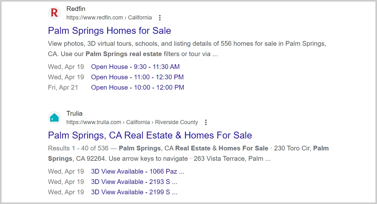 Screenshot of search results for 