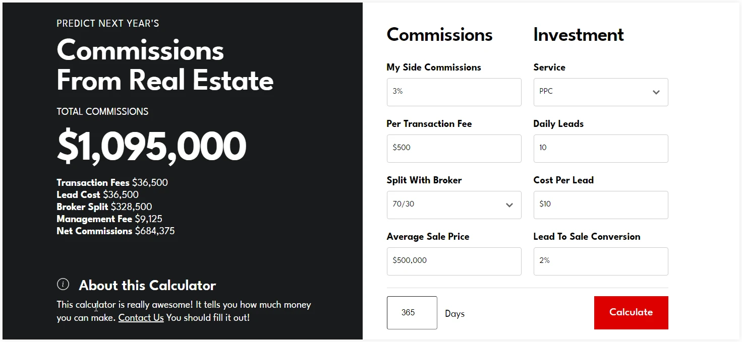 Screenshot of Real Estate Webmaster's income calculator