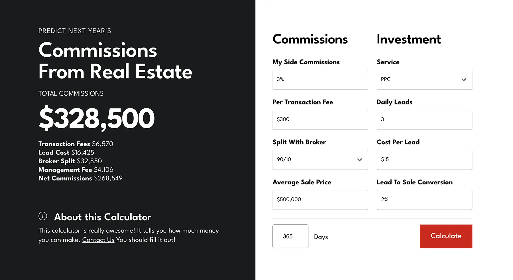 A screenshot of Real Estate Webmasters' PPC income calculator.