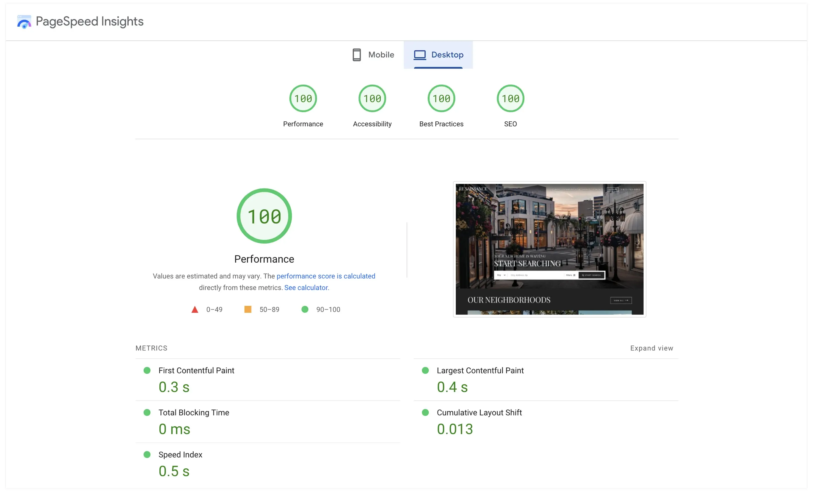 Real Estate Webmasters' PageSpeed full 100 scores on desktop for Performance, Accessibility, Best Practices and SEO - a great example of a fast website.