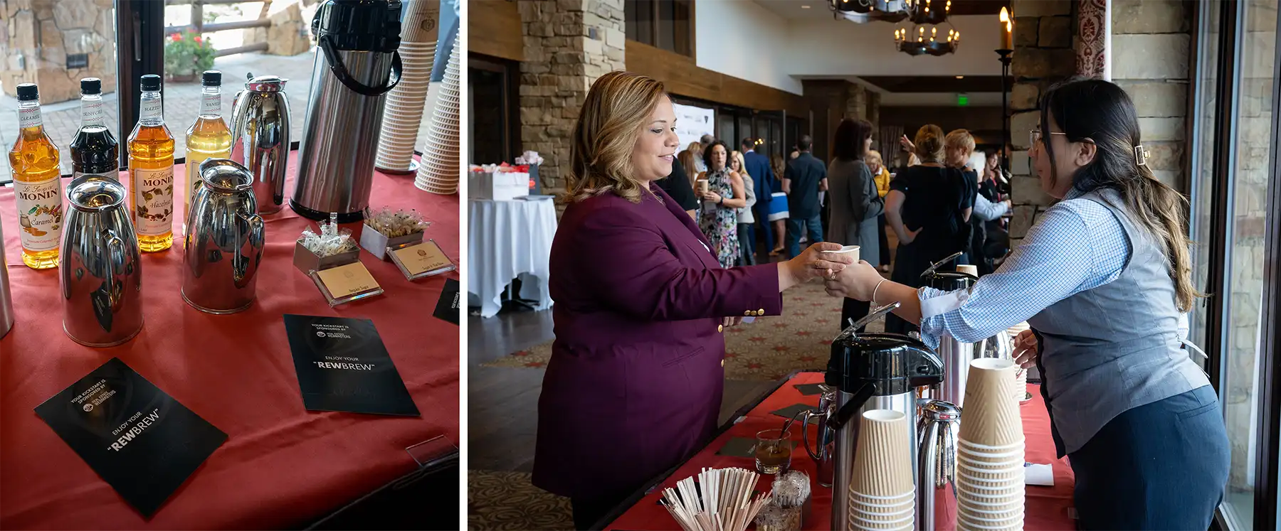 A Stein Eriksen Lodge staff offering REW Brew during networking breaks.