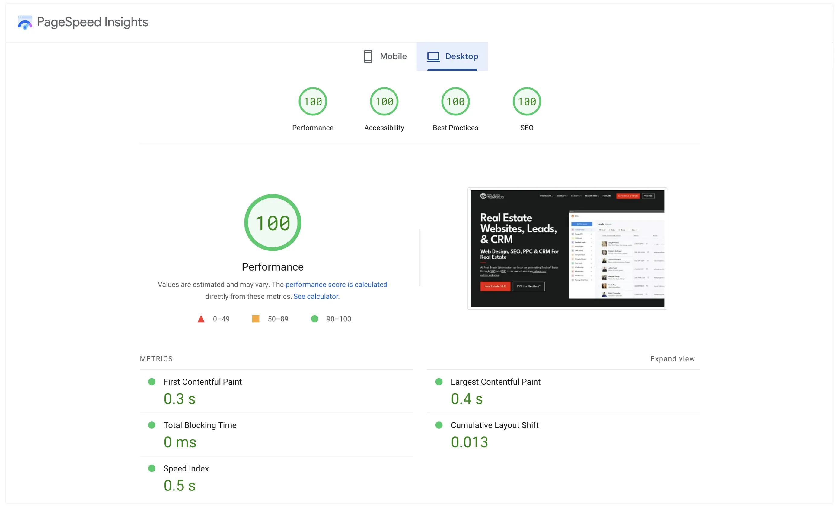 A screenshot of Real Estate Webmasters' website on PageSpeed Insights