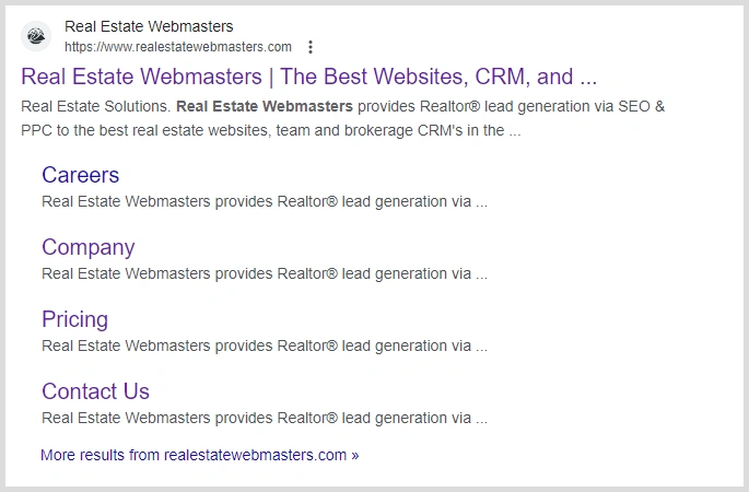 Real Estate Webmasters sitelinks